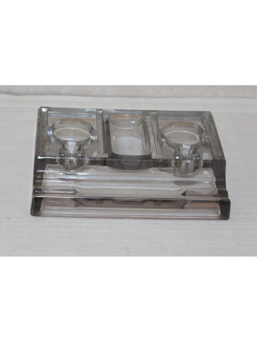 Vintage Art Deco Double Inkwell Desk Organizer Heavy Clear Glass Pen Rest
